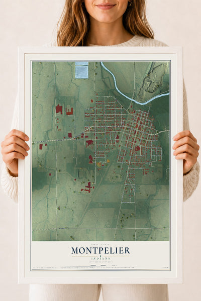 Map of Montpelier, Indiana, 18 x 24 inch print in a white wood frame