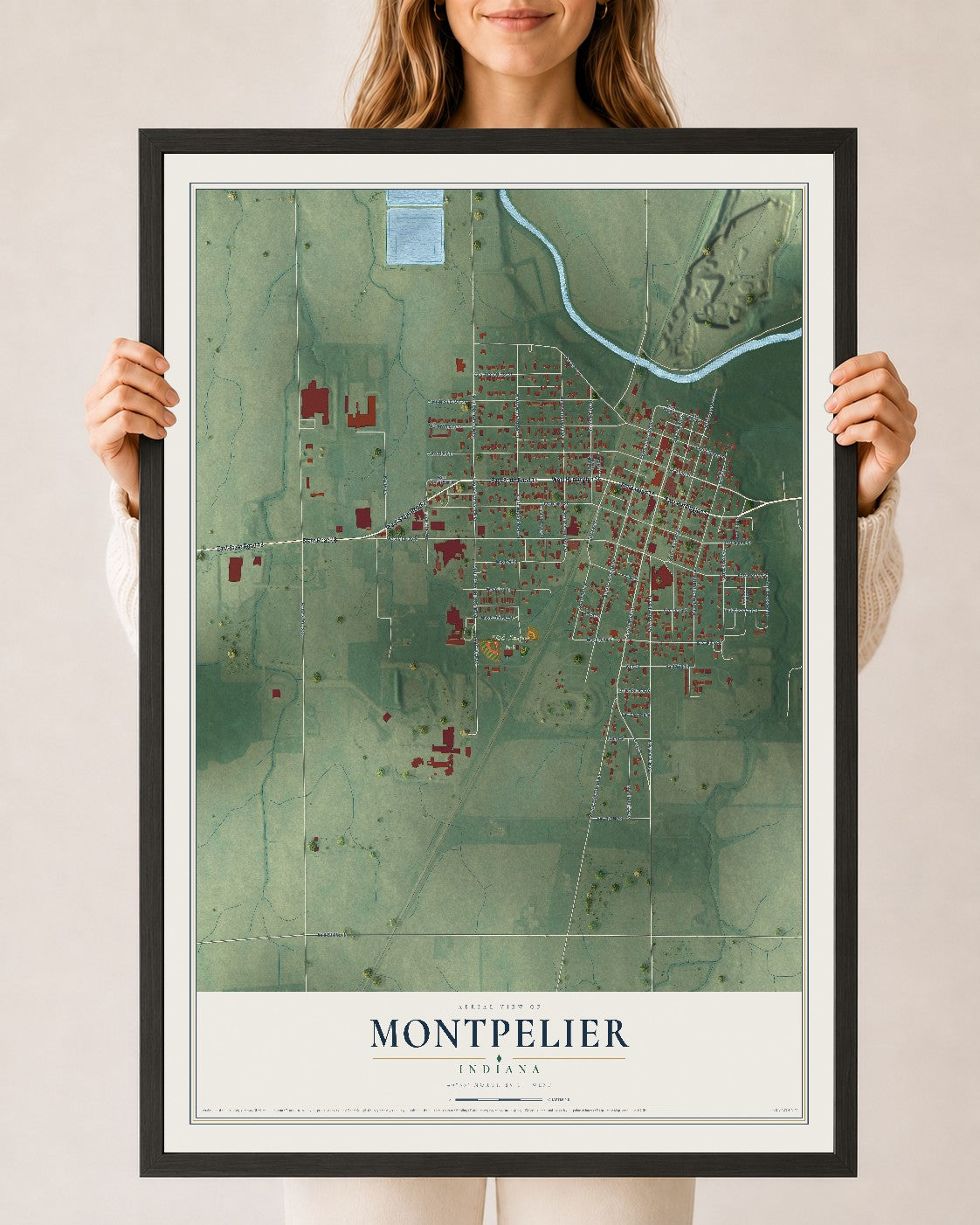 Map of Montpelier, Indiana, 24 x 36 inch print in a black wood frame