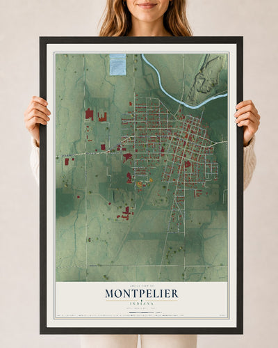 Map of Montpelier, Indiana, 24 x 36 inch print in a black wood frame