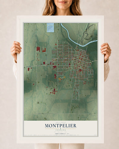 Map of Montpelier, Indiana, 24 x 36 inch print in a white wood frame