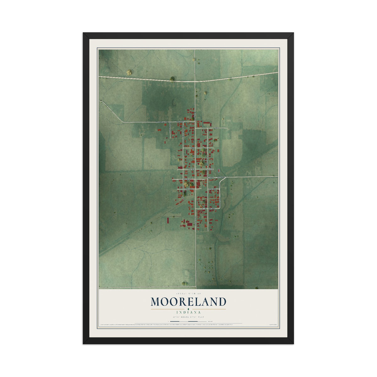 Map of Mooreland, Indiana, 12 x 18 inch print in a black wood frame