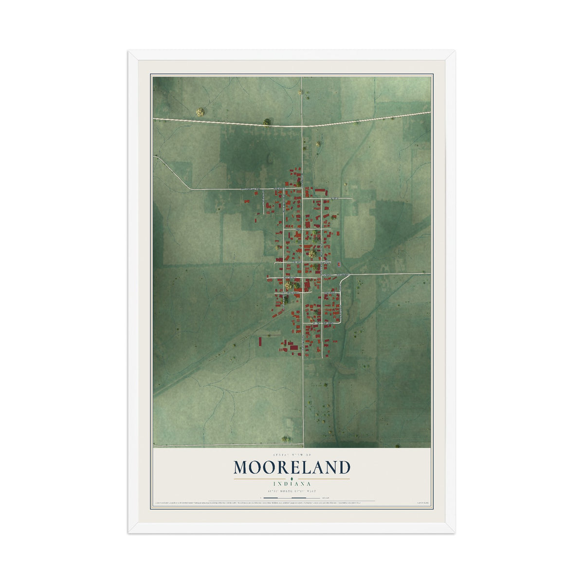 Map of Mooreland, Indiana, 12 x 18 inch print in a white wood frame