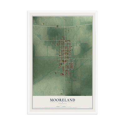 Map of Mooreland, Indiana, 12 x 18 inch print in a white wood frame