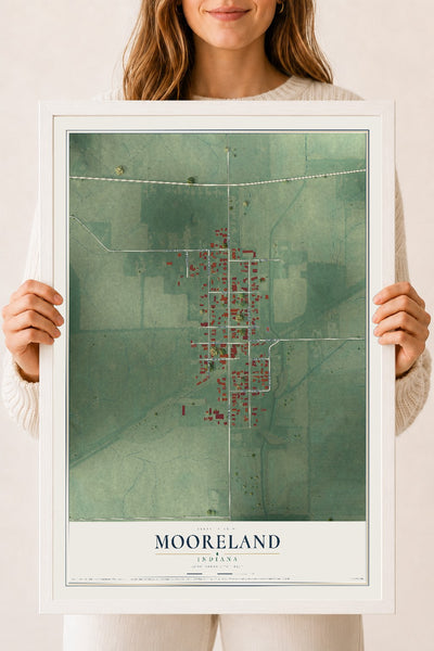 Map of Mooreland, Indiana, 18 x 24 inch print in a white wood frame