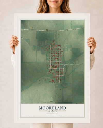 Map of Mooreland, Indiana, 24 x 36 inch print in a white wood frame