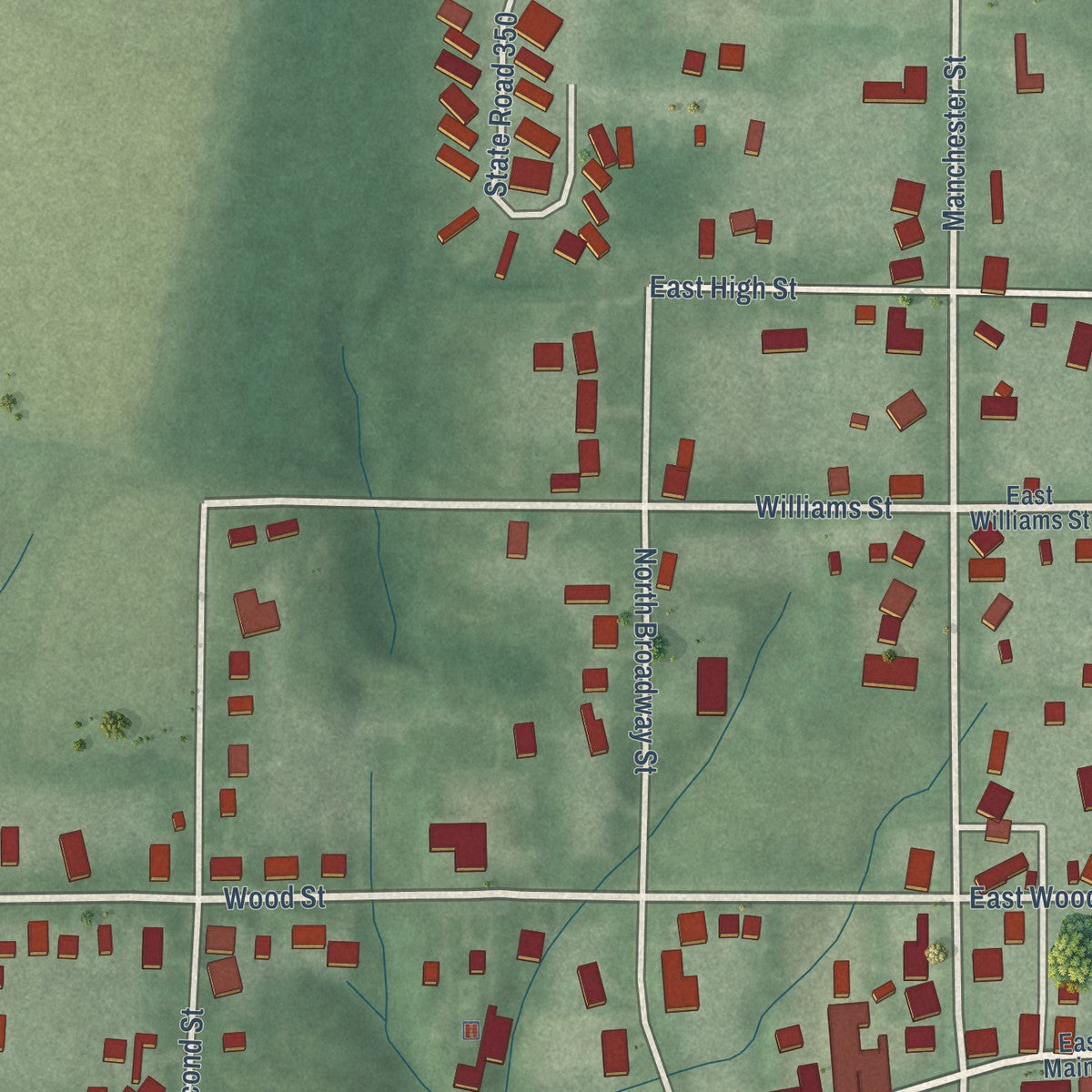 Close-up of the map of Moores Hill, Indiana print showing street and building detail