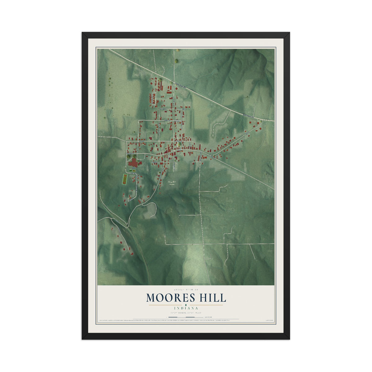 Map of Moores Hill, Indiana, 12 x 18 inch print in a black wood frame