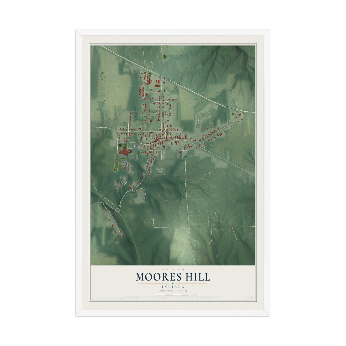 Map of Moores Hill, Indiana, 12 x 18 inch print in a white wood frame