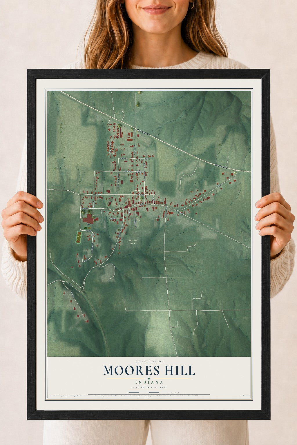 Map of Moores Hill, Indiana, 18 x 24 inch print in a black wood frame