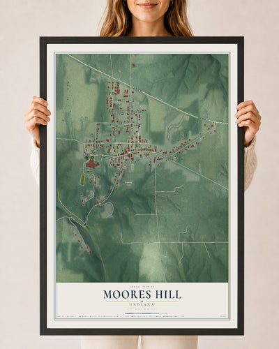 Map of Moores Hill, Indiana, 24 x 36 inch print in a black wood frame