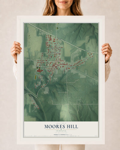 Map of Moores Hill, Indiana, 24 x 36 inch print in a white wood frame
