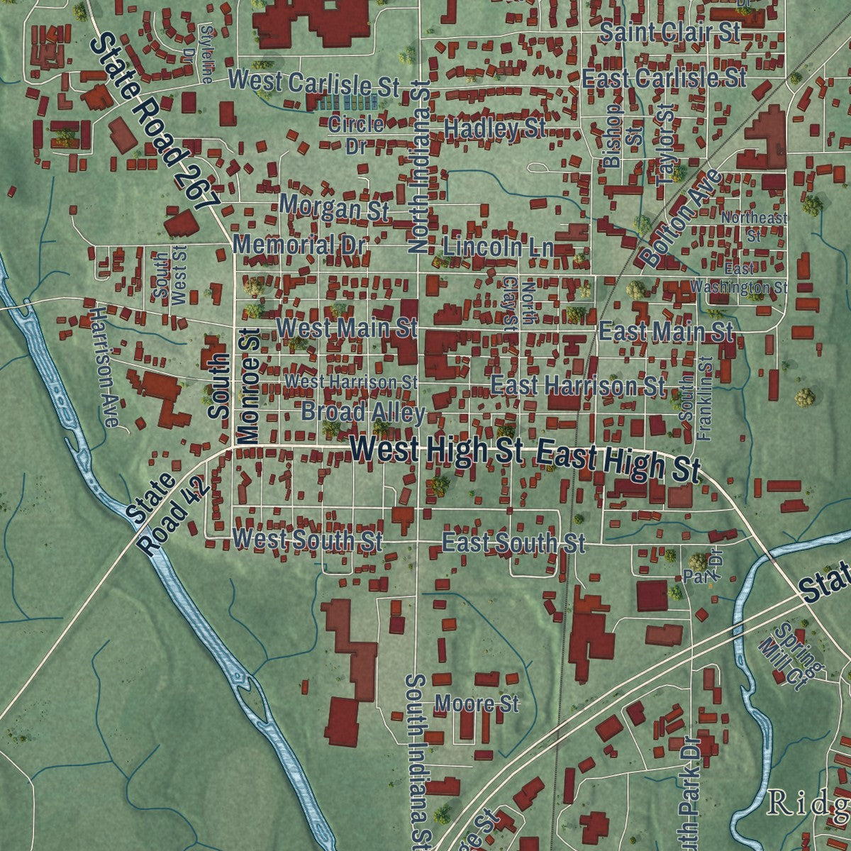 Close-up of the map of Mooresville, Indiana print showing street and building detail