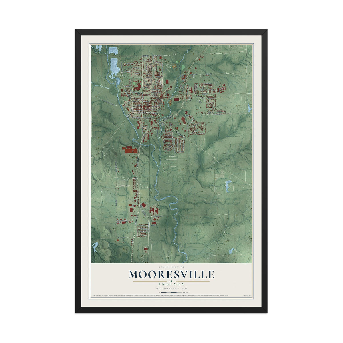 Map of Mooresville, Indiana, 12 x 18 inch print in a black wood frame