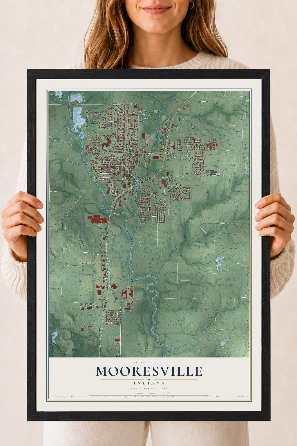 Map of Mooresville, Indiana, 18 x 24 inch print in a black wood frame