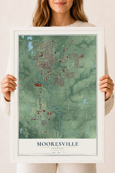 Map of Mooresville, Indiana, 18 x 24 inch print in a white wood frame