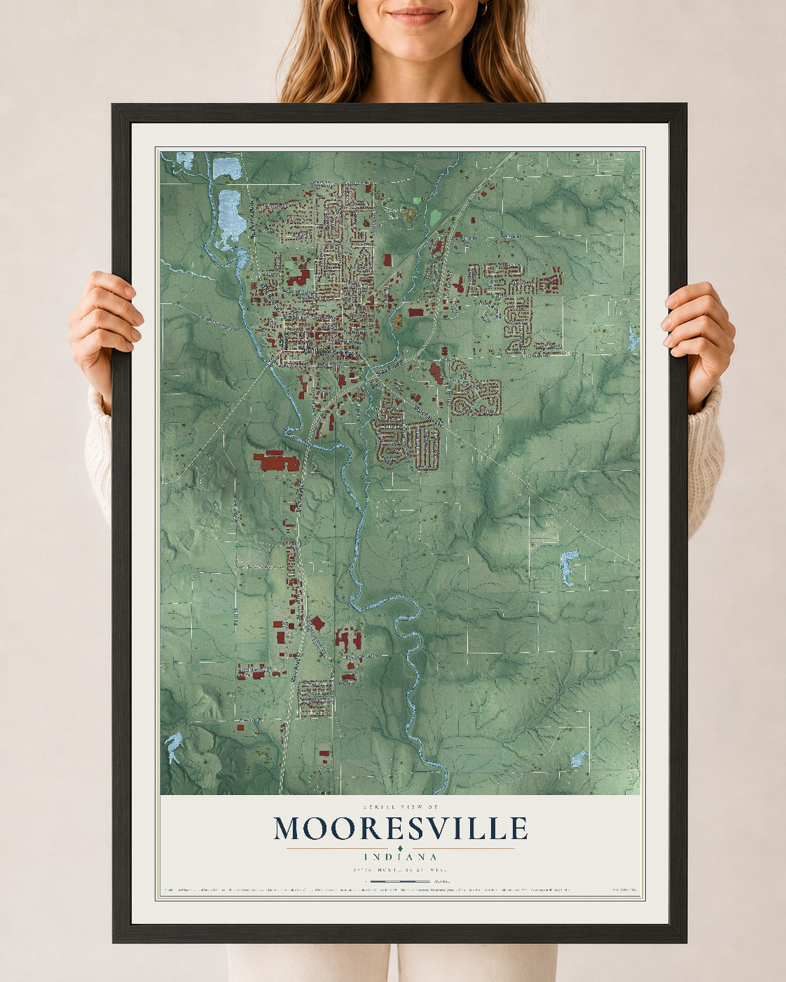 Map of Mooresville, Indiana, 24 x 36 inch print in a black wood frame