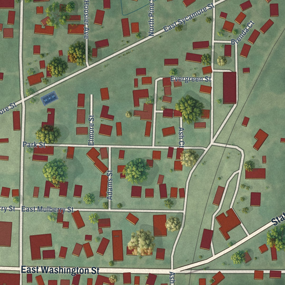 Close-up of the map of Morgantown, Indiana print showing street and building detail