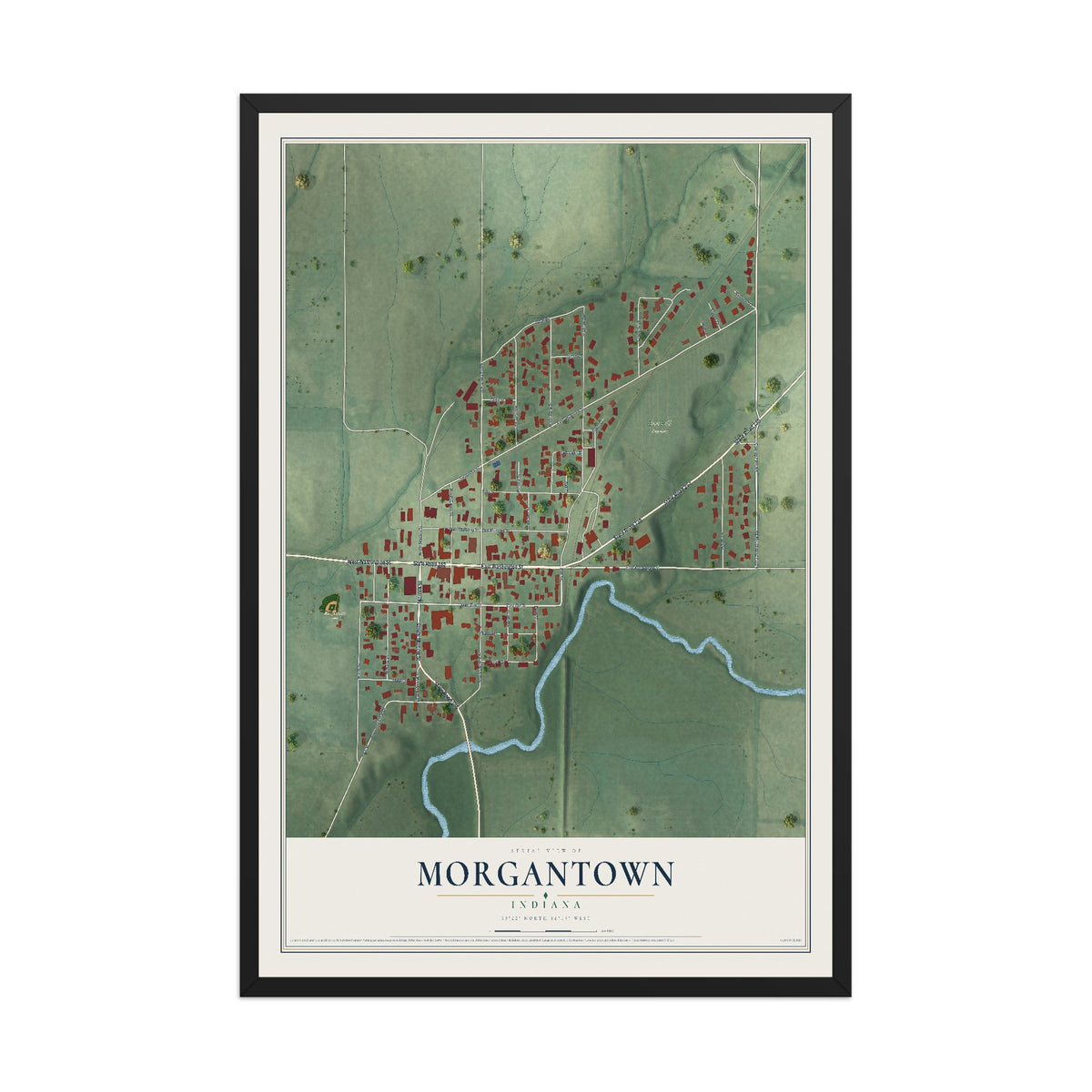Map of Morgantown, Indiana, 12 x 18 inch print in a black wood frame