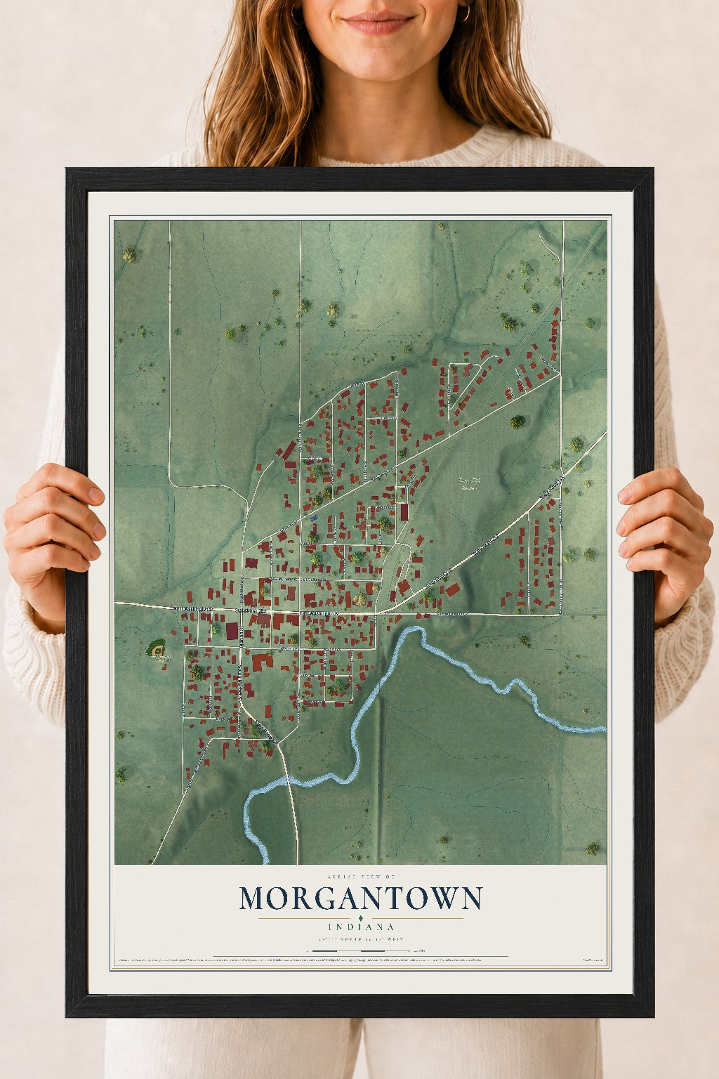 Map of Morgantown, Indiana, 18 x 24 inch print in a black wood frame