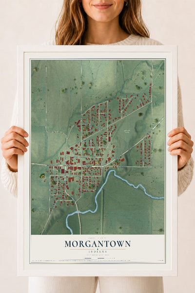 Map of Morgantown, Indiana, 18 x 24 inch print in a white wood frame