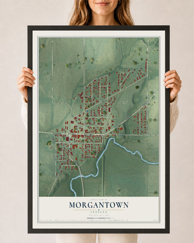 Map of Morgantown, Indiana, 24 x 36 inch print in a black wood frame