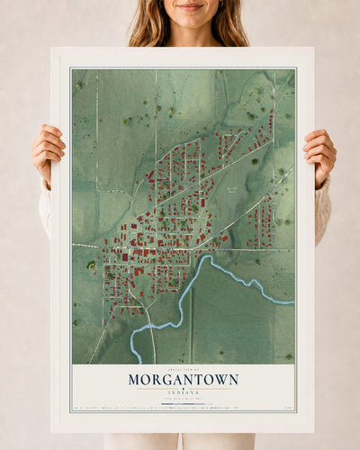 Map of Morgantown, Indiana, 24 x 36 inch print in a white wood frame