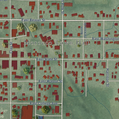 Close-up of the map of Morocco, Indiana print showing street and building detail