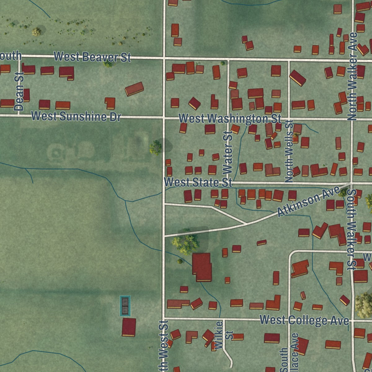 Second close-up of the map of Morocco, Indiana print showing more streets and buildings