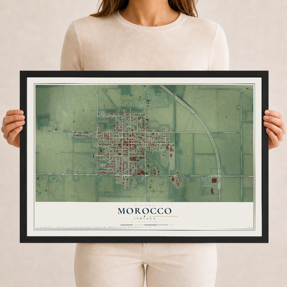 Map of Morocco, Indiana, 12 x 18 inch print in a black wood frame