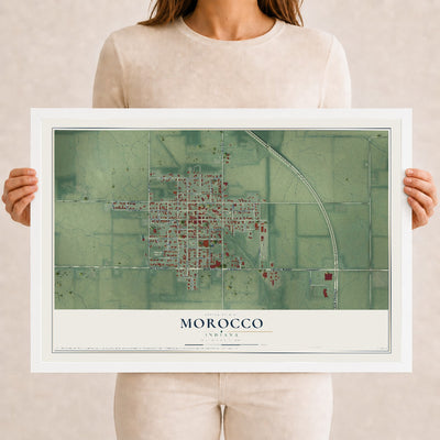 Map of Morocco, Indiana, 12 x 18 inch print in a white wood frame