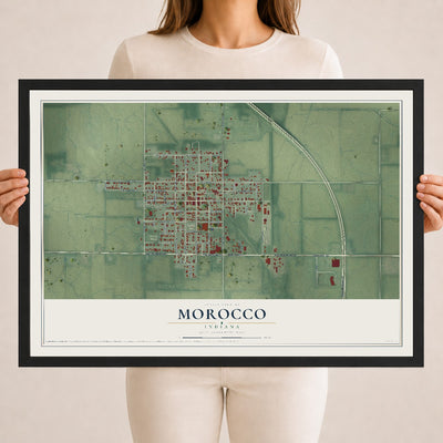 Map of Morocco, Indiana, 18 x 24 inch print in a black wood frame
