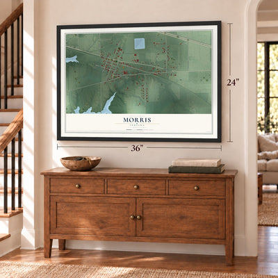 Morris, Indiana map, 24 x 36 inch print in a black frame above a dresser by a staircase