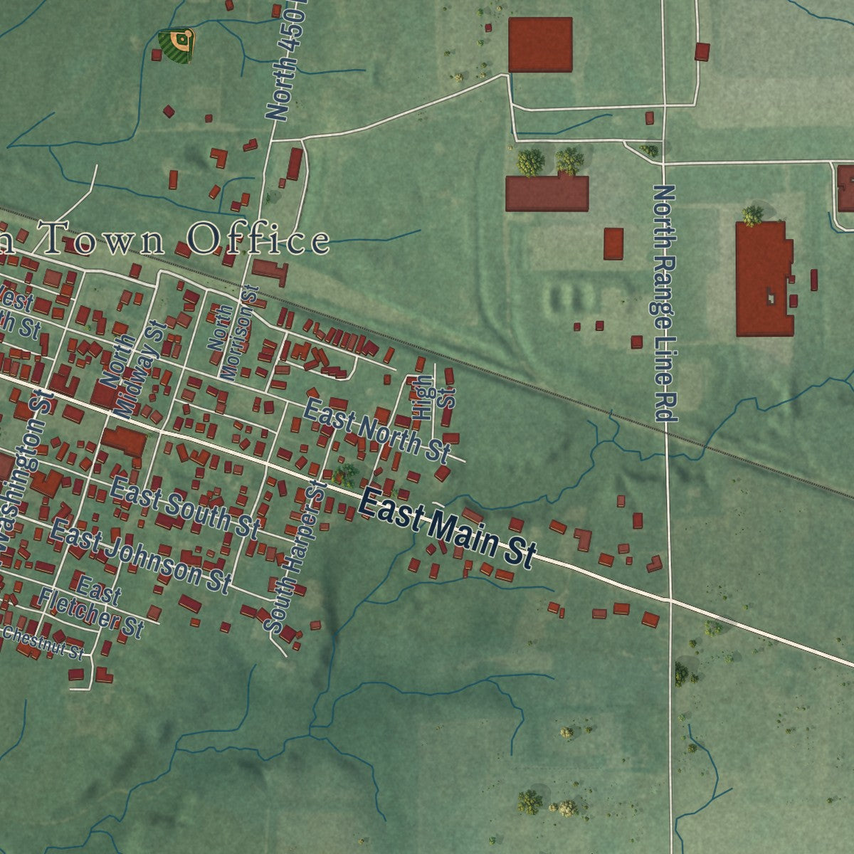Close-up of the map of Morristown, Indiana print showing street and building detail