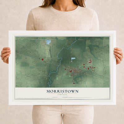 Map of Morristown, Indiana, 12 x 18 inch print in a white wood frame