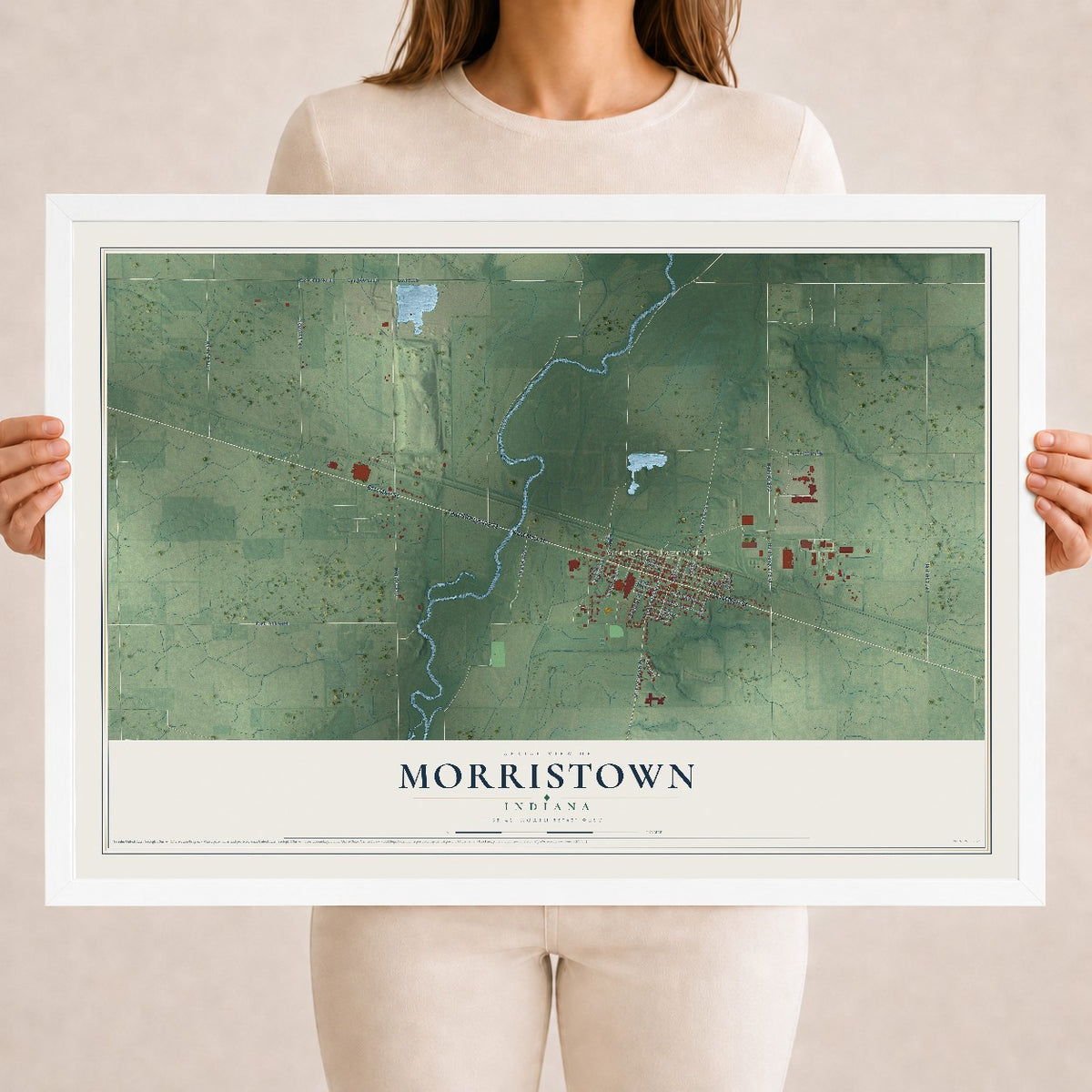 Map of Morristown, Indiana, 18 x 24 inch print in a white wood frame