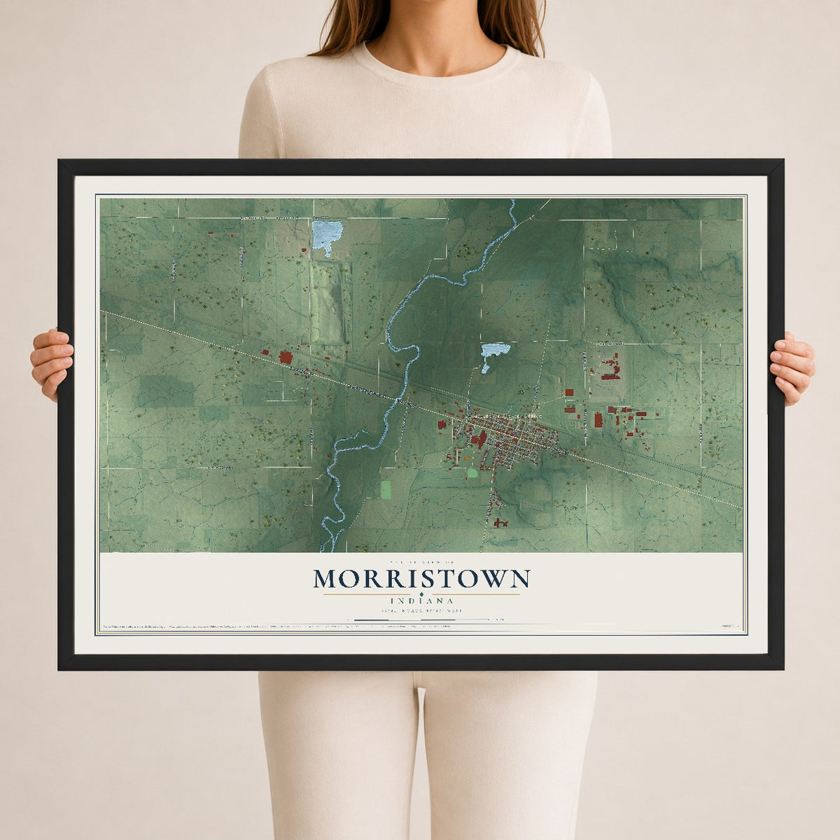 Map of Morristown, Indiana, 24 x 36 inch print in a black wood frame