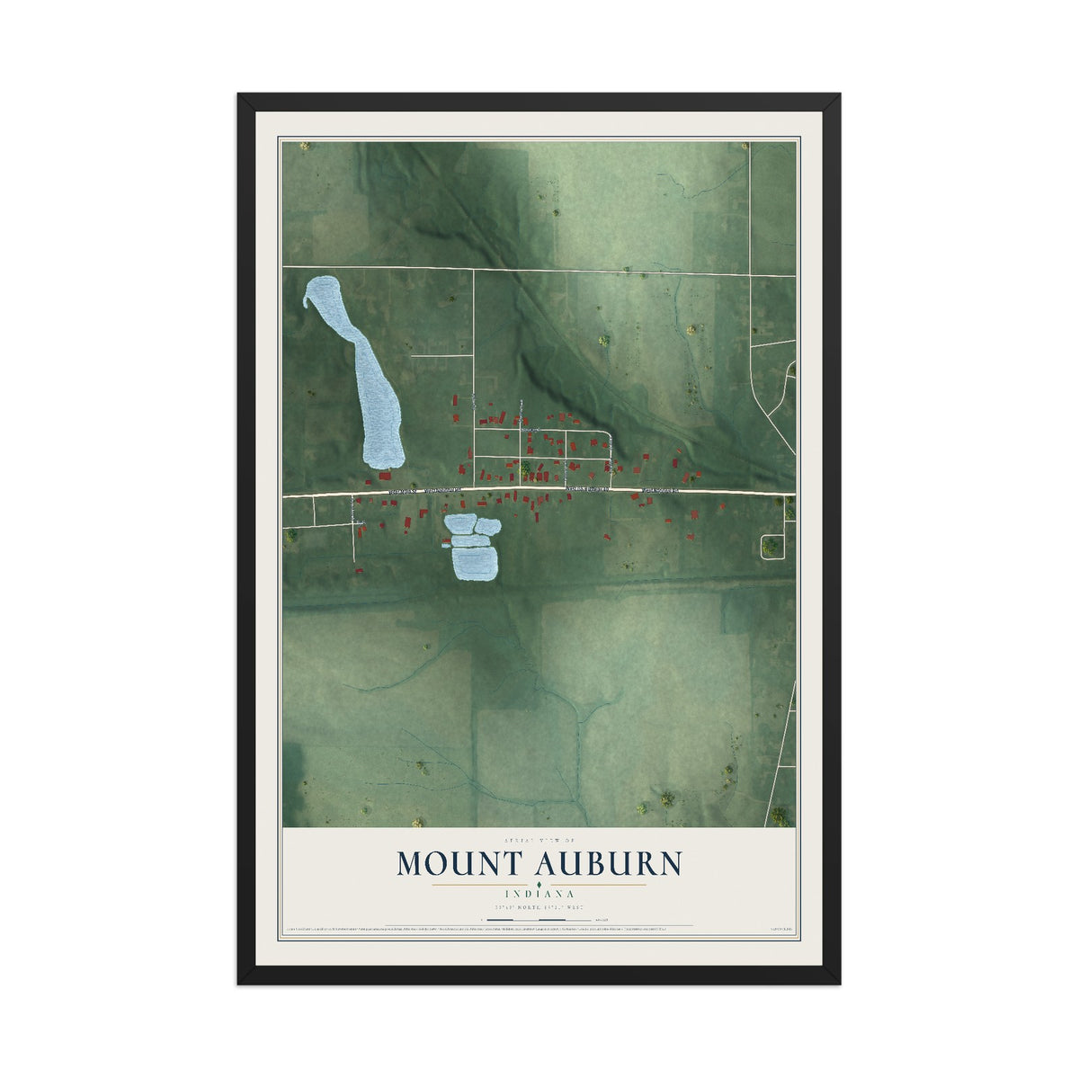 Map of Mount Auburn, Indiana, 12 x 18 inch print in a black wood frame