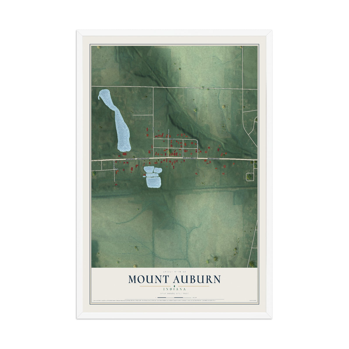 Map of Mount Auburn, Indiana, 12 x 18 inch print in a white wood frame