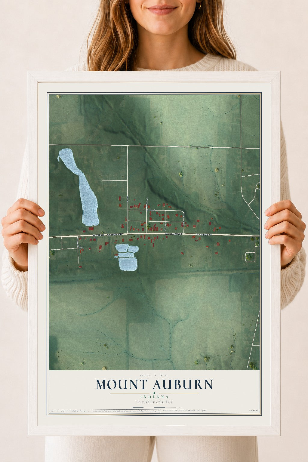 Map of Mount Auburn, Indiana, 18 x 24 inch print in a white wood frame