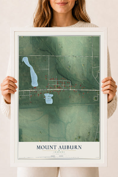 Map of Mount Auburn, Indiana, 18 x 24 inch print in a white wood frame