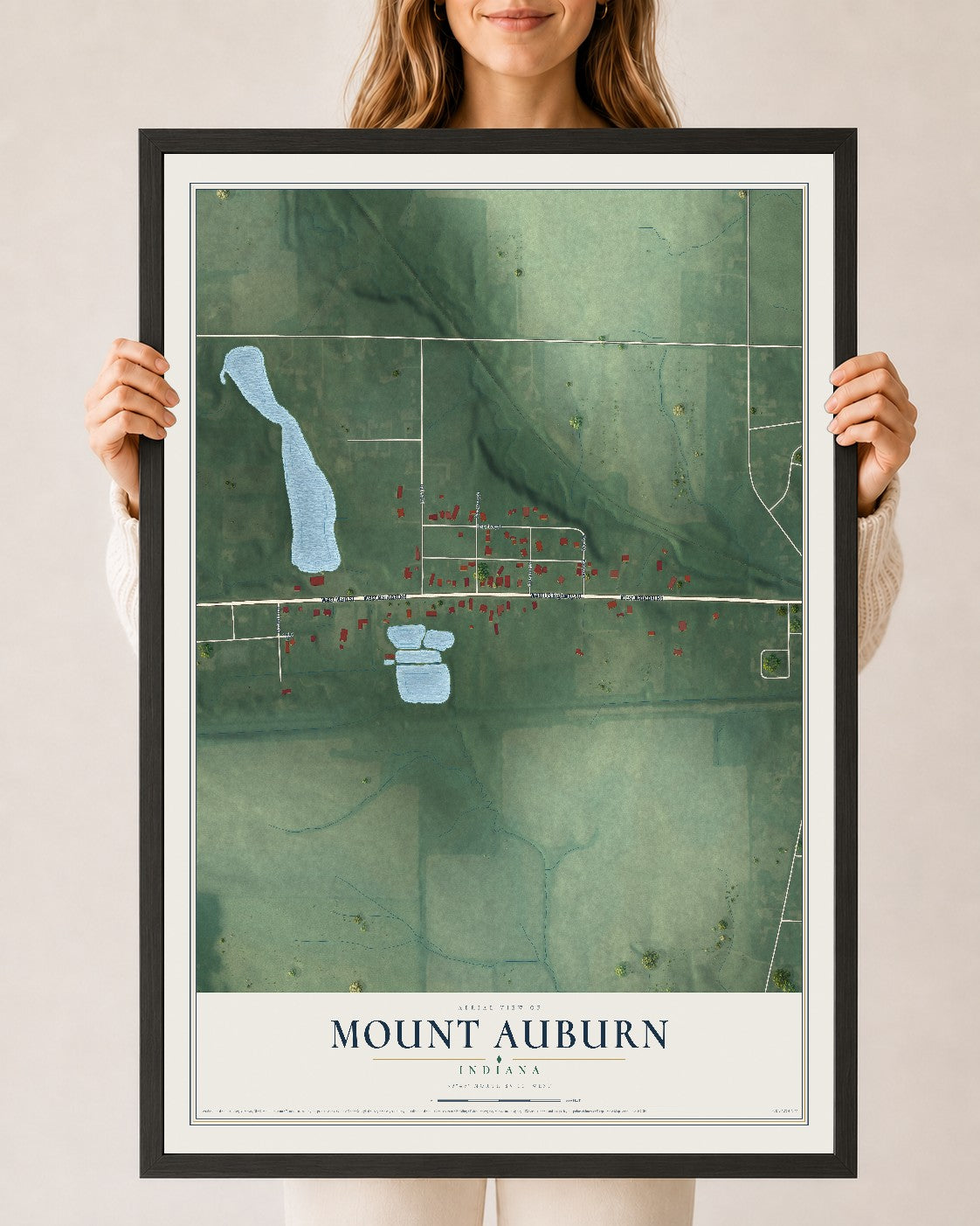 Map of Mount Auburn, Indiana, 24 x 36 inch print in a black wood frame