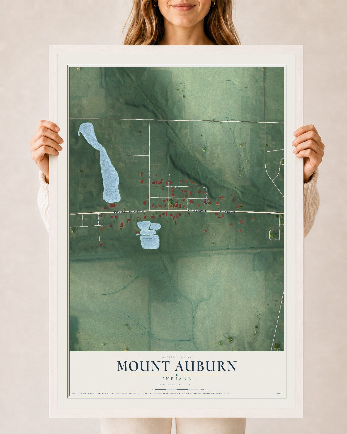 Map of Mount Auburn, Indiana, 24 x 36 inch print in a white wood frame