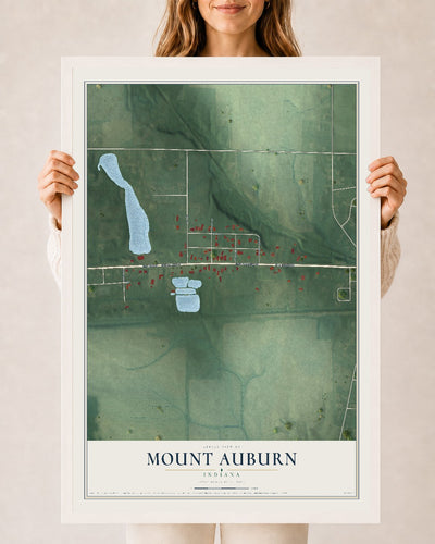 Map of Mount Auburn, Indiana, 24 x 36 inch print in a white wood frame