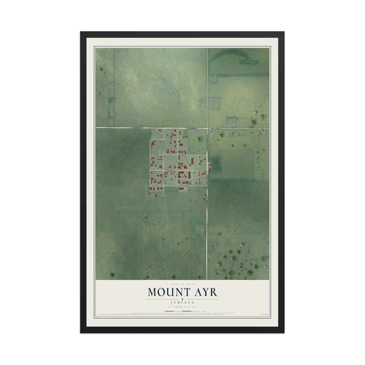 Map of Mount Ayr, Indiana, 12 x 18 inch print in a black wood frame
