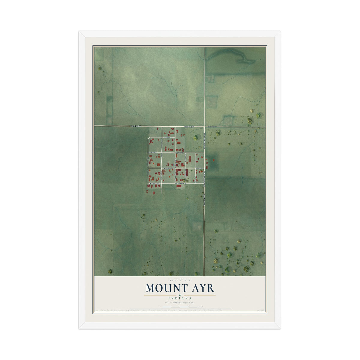 Map of Mount Ayr, Indiana, 12 x 18 inch print in a white wood frame