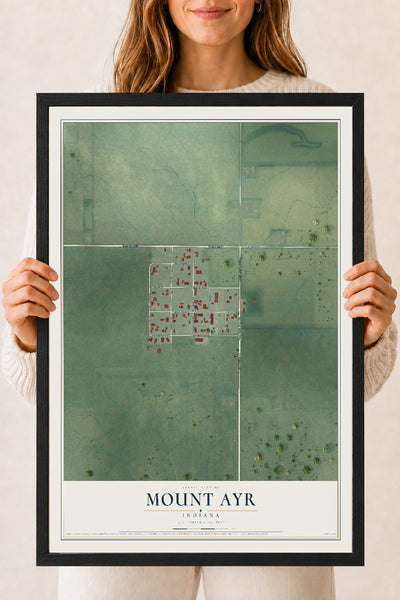 Map of Mount Ayr, Indiana, 18 x 24 inch print in a black wood frame