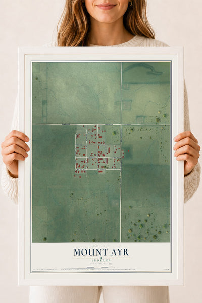 Map of Mount Ayr, Indiana, 18 x 24 inch print in a white wood frame