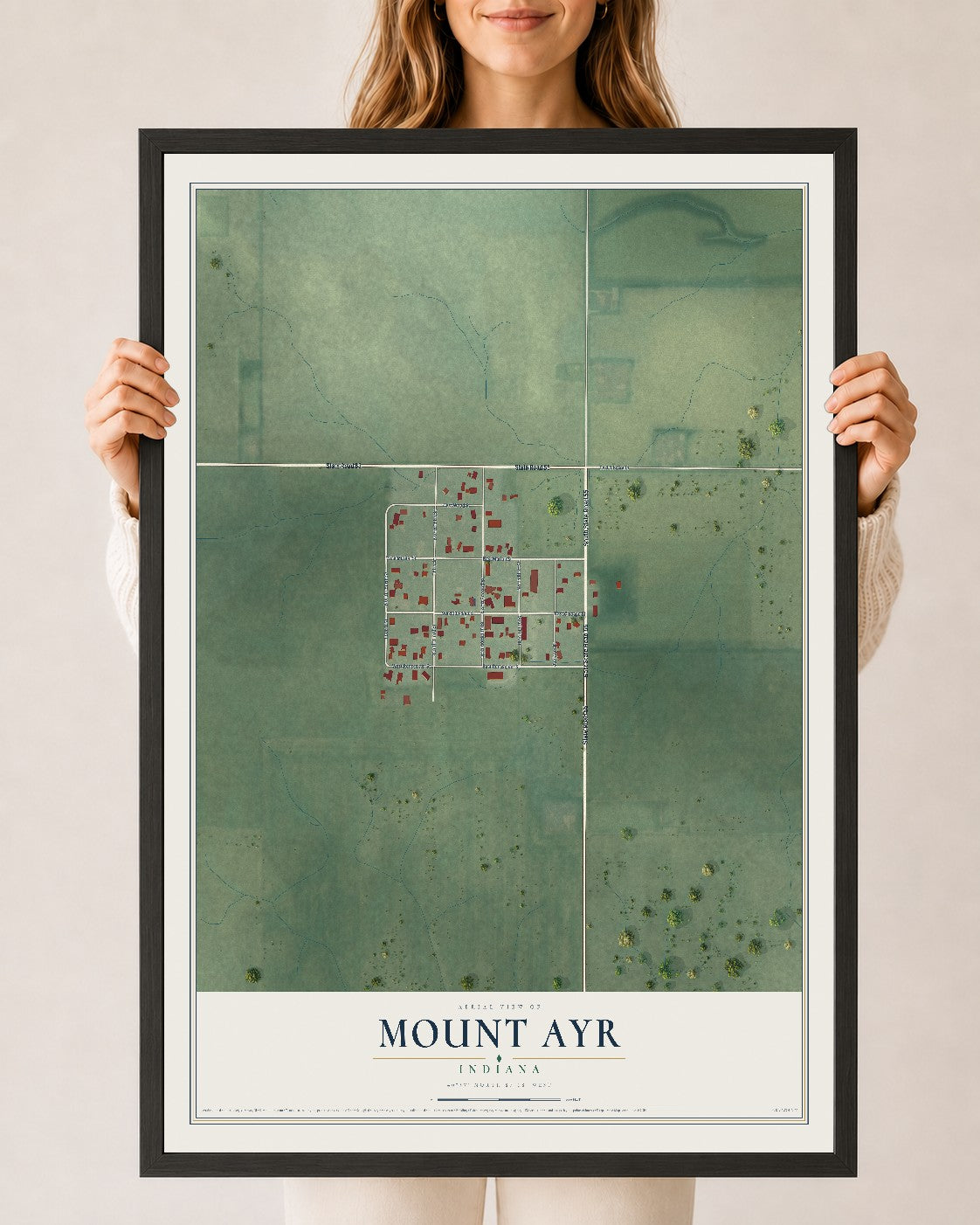 Map of Mount Ayr, Indiana, 24 x 36 inch print in a black wood frame