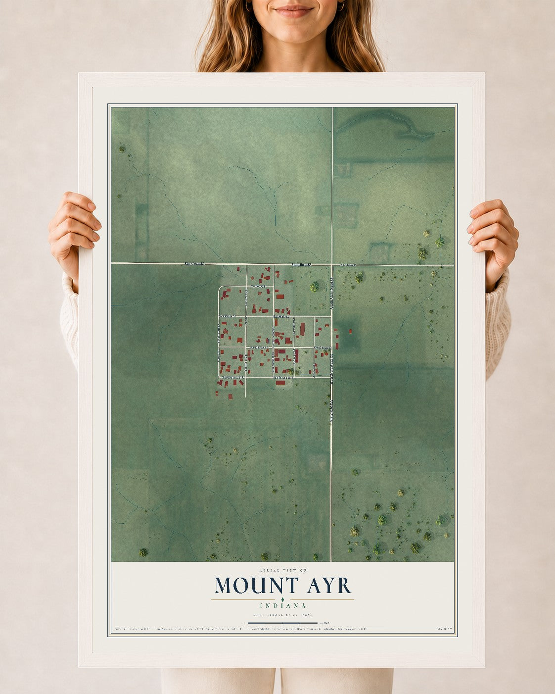 Map of Mount Ayr, Indiana, 24 x 36 inch print in a white wood frame