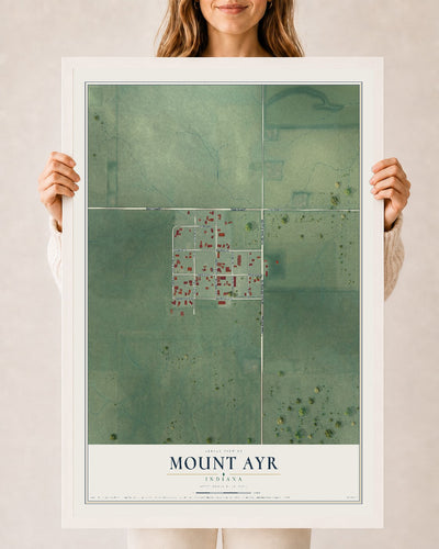 Map of Mount Ayr, Indiana, 24 x 36 inch print in a white wood frame